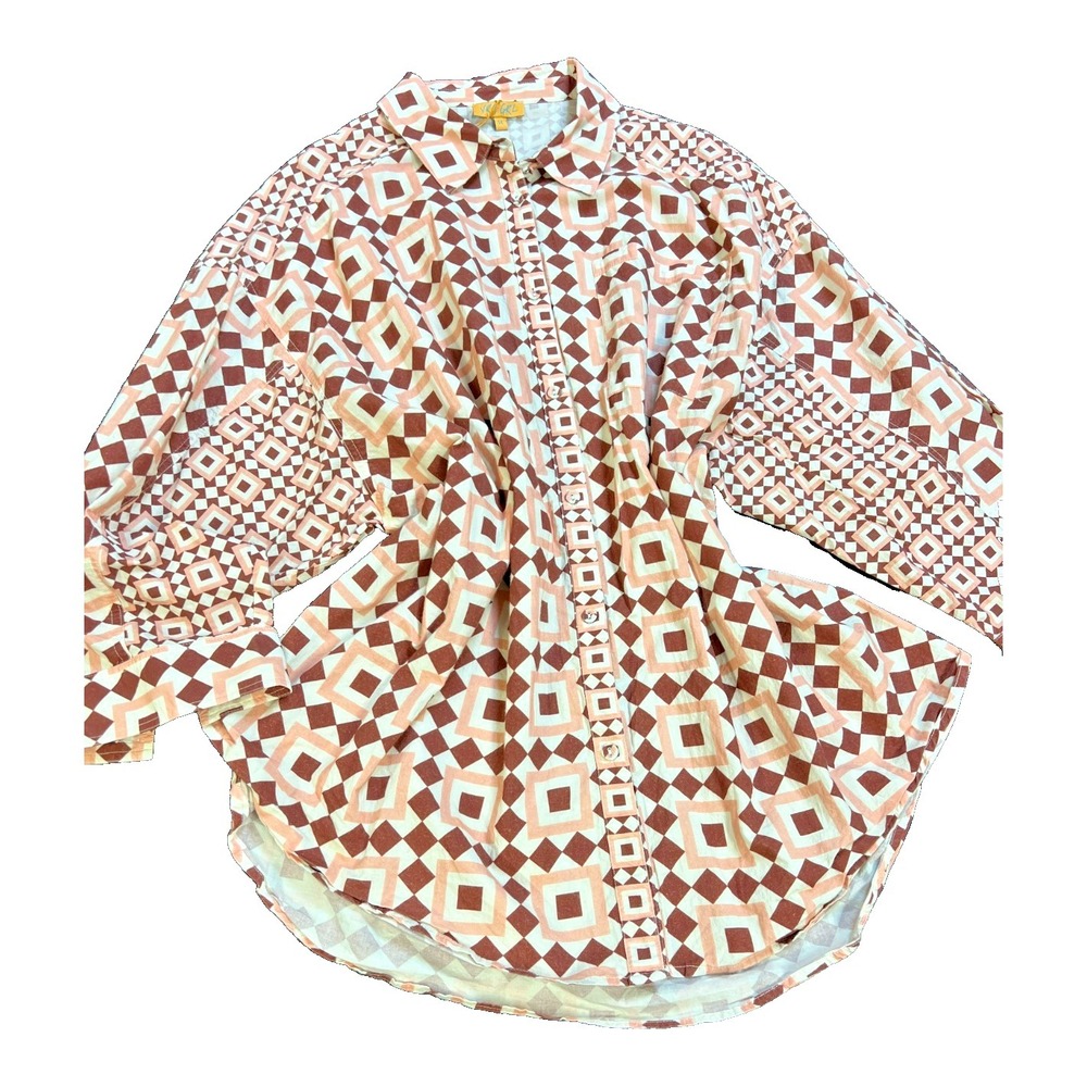 VRG GRL Button Up Shirt/Tunic Cotton Brown Pink Diamond Print Long Sleeve SZ 14